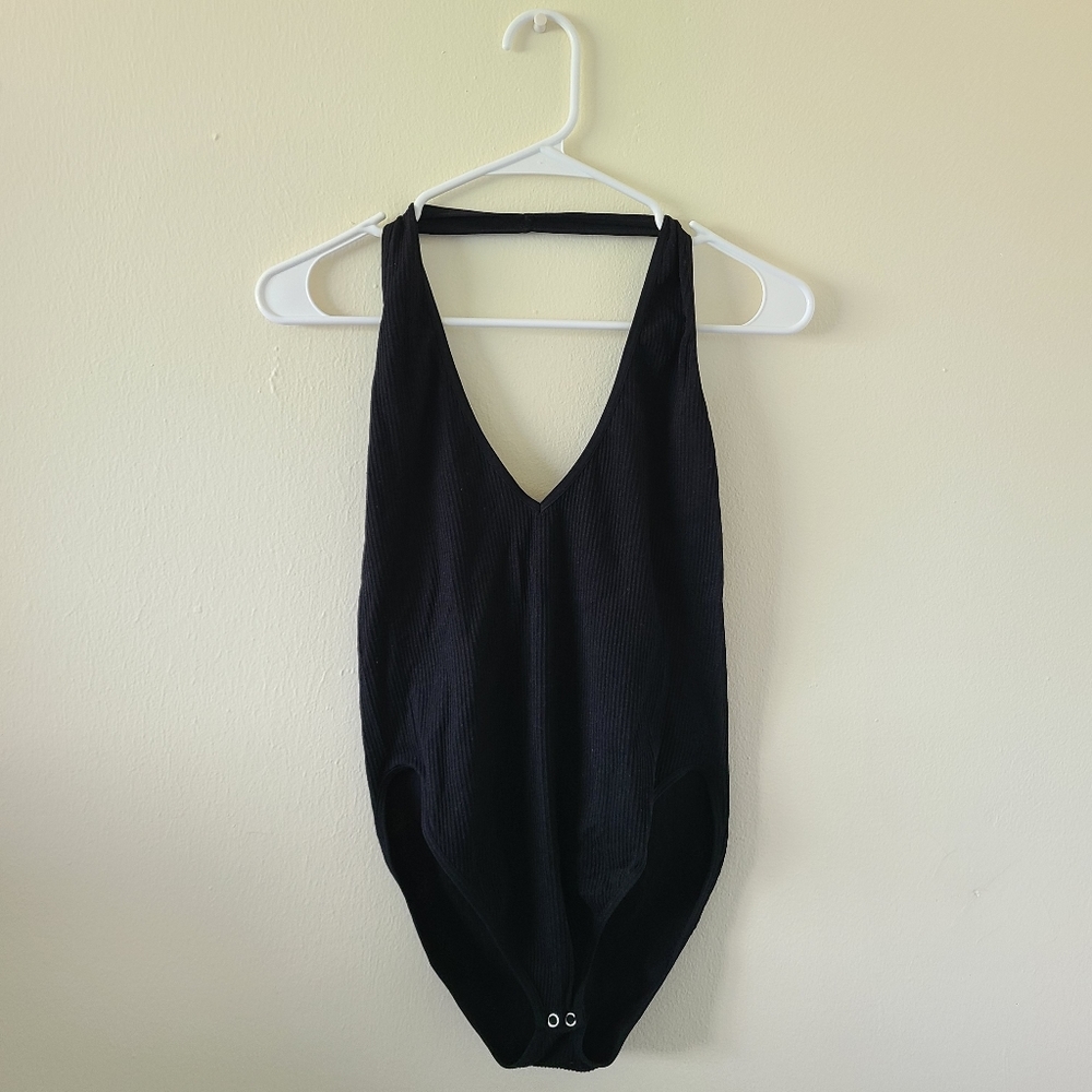 Halter Back Black Ribbed Bodysuit
